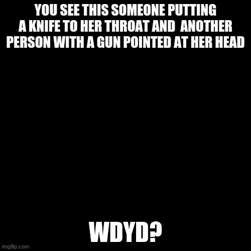 Role play? | YOU SEE THIS SOMEONE PUTTING A KNIFE TO HER THROAT AND  ANOTHER PERSON WITH A GUN POINTED AT HER HEAD; WDYD? | image tagged in blank | made w/ Imgflip meme maker