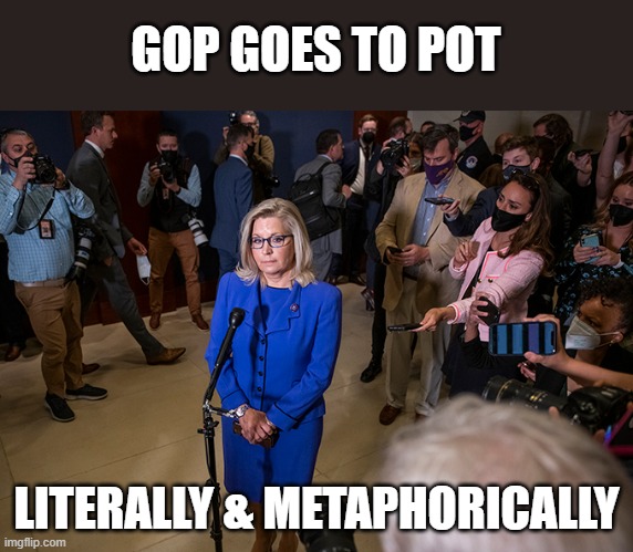 GOP crosses the rubicon with Cheney ousting, devolving into Party of Trump | GOP GOES TO POT; LITERALLY & METAPHORICALLY | image tagged in liz cheney,corruption,truth teller,the big lie,gop rep,trump | made w/ Imgflip meme maker