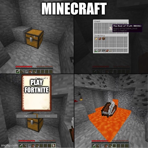 Book of Truth (minecraft) | MINECRAFT; PLAY FORTNITE | image tagged in book of truth minecraft | made w/ Imgflip meme maker