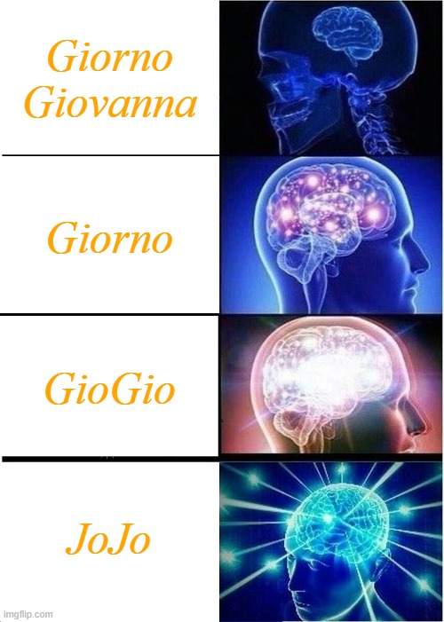 Golden wind be like | Giorno Giovanna; Giorno; GioGio; JoJo | image tagged in memes,expanding brain,anime,jojo's bizarre adventure | made w/ Imgflip meme maker