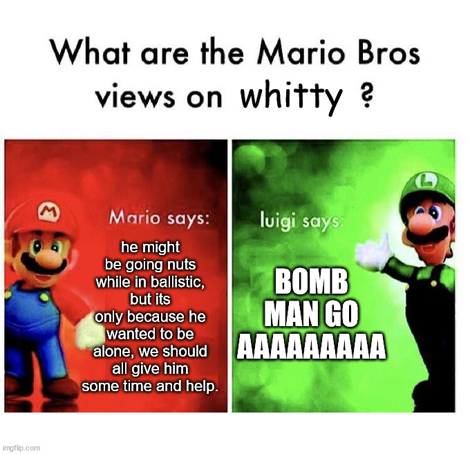mario bros views on whitty | whitty; he might be going nuts while in ballistic, but its only because he wanted to be alone, we should all give him some time and help. BOMB MAN GO AAAAAAAAA | image tagged in mario bros views | made w/ Imgflip meme maker