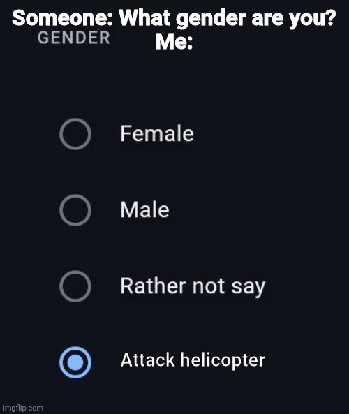A T T A C K H E L I C O P T E R |  Someone: What gender are you?




Me:; Attack helicopter | image tagged in gender meme,memes,fun,funny,attack helicopter,gender | made w/ Imgflip meme maker