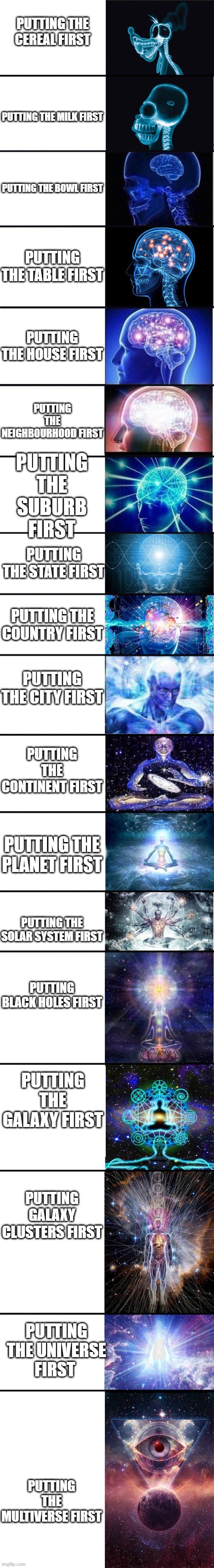 expanding brain: 9001 | PUTTING THE CEREAL FIRST; PUTTING THE MILK FIRST; PUTTING THE BOWL FIRST; PUTTING THE TABLE FIRST; PUTTING THE HOUSE FIRST; PUTTING THE NEIGHBOURHOOD FIRST; PUTTING THE SUBURB FIRST; PUTTING THE STATE FIRST; PUTTING THE COUNTRY FIRST; PUTTING THE CITY FIRST; PUTTING THE CONTINENT FIRST; PUTTING THE PLANET FIRST; PUTTING THE SOLAR SYSTEM FIRST; PUTTING BLACK HOLES FIRST; PUTTING THE GALAXY FIRST; PUTTING GALAXY CLUSTERS FIRST; PUTTING THE UNIVERSE FIRST; PUTTING THE MULTIVERSE FIRST | image tagged in expanding brain,expanding brain 9001 | made w/ Imgflip meme maker
