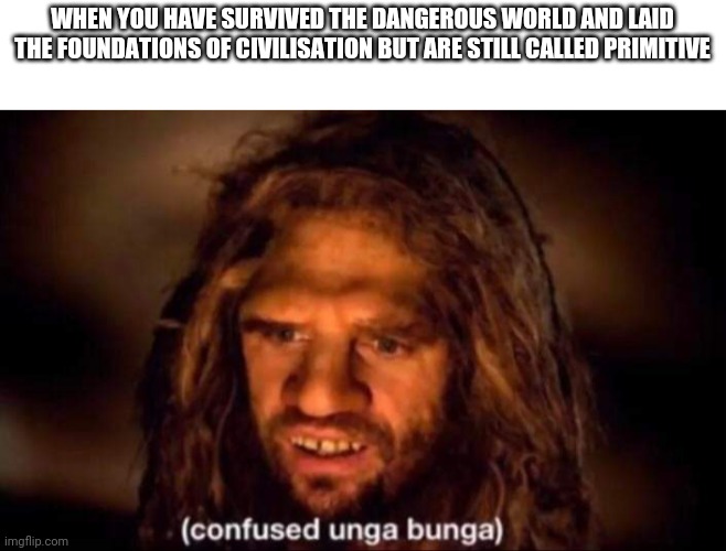 Confused unga bunga | WHEN YOU HAVE SURVIVED THE DANGEROUS WORLD AND LAID THE FOUNDATIONS OF CIVILISATION BUT ARE STILL CALLED PRIMITIVE | image tagged in confused unga bunga,memes | made w/ Imgflip meme maker