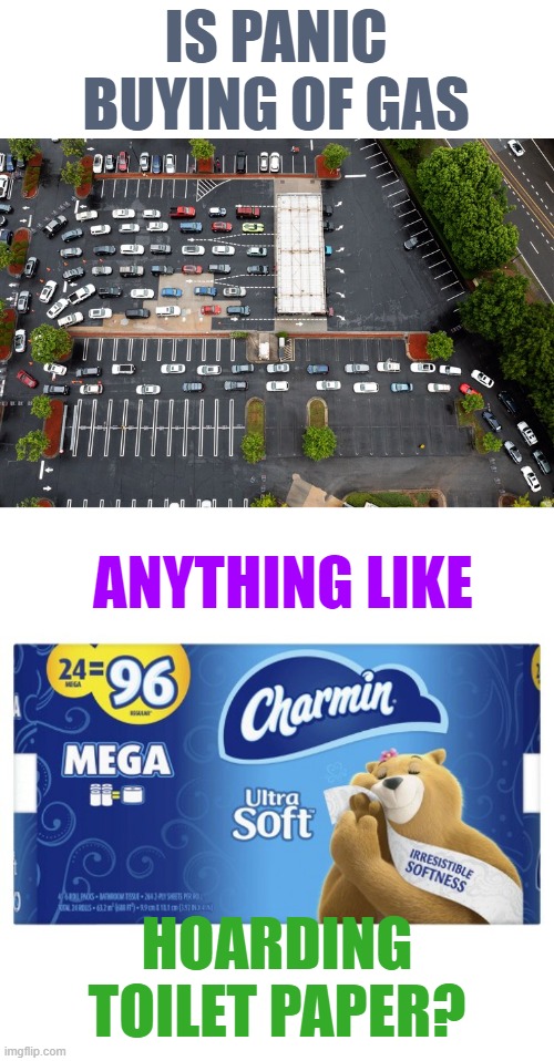Just Wondering... | IS PANIC BUYING OF GAS; ANYTHING LIKE; HOARDING TOILET PAPER? | image tagged in memes,politics,panic,buy,gas,hoarding toilet paper | made w/ Imgflip meme maker