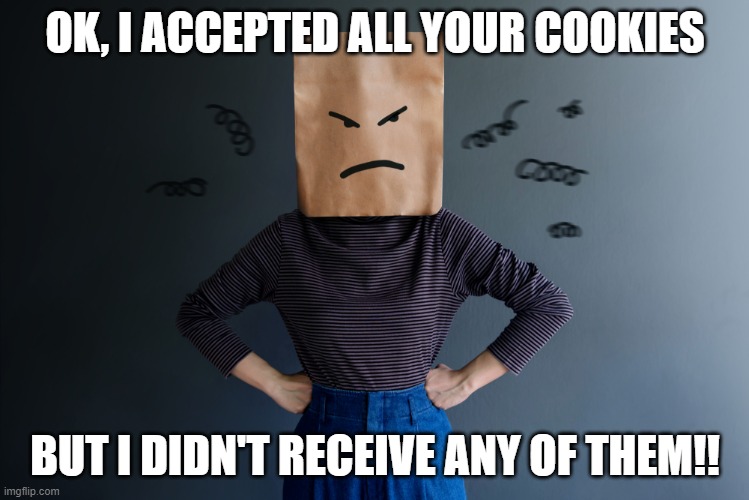 Where are my cookies? | OK, I ACCEPTED ALL YOUR COOKIES; BUT I DIDN'T RECEIVE ANY OF THEM!! | image tagged in angry box | made w/ Imgflip meme maker