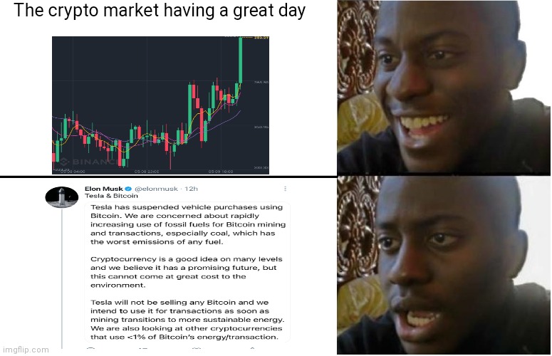 Elon Musk rug pull on Bitcoin | The crypto market having a great day | image tagged in disappointed black guy | made w/ Imgflip meme maker