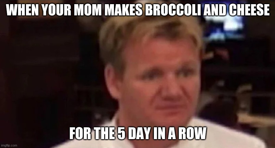 WHEN YOUR MOM MAKES BROCCOLI AND CHEESE; FOR THE 5 DAY IN A ROW | image tagged in chef gordon ramsay,funny memes,funny | made w/ Imgflip meme maker