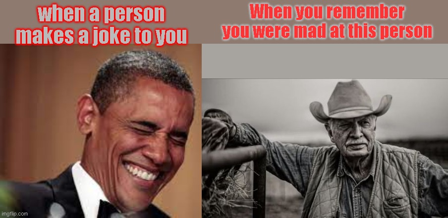 ¨¨\_(>.<)_/¨¨ | When you remember you were mad at this person; when a person makes a joke to you | image tagged in memes,so god made a farmer,fun | made w/ Imgflip meme maker