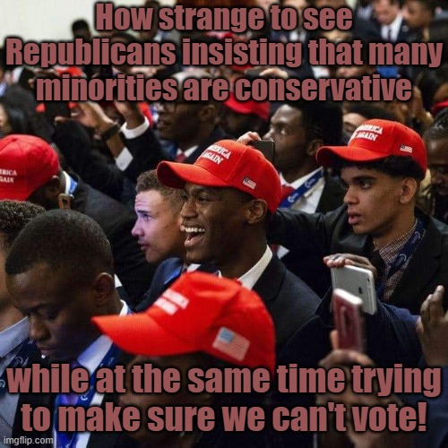 They don't believe their own words | How strange to see Republicans insisting that many minorities are conservative; while at the same time trying
to make sure we can't vote! | image tagged in black republicans,contradiction,voter suppression,passive aggressive racism | made w/ Imgflip meme maker