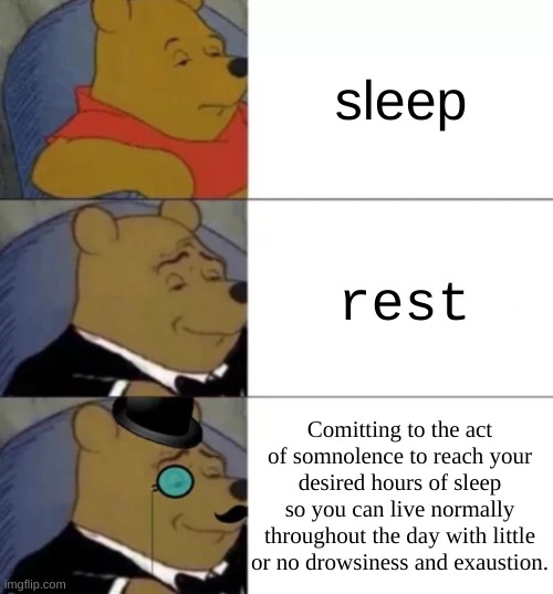 somnolence moment |  sleep; rest; Comitting to the act of somnolence to reach your desired hours of sleep so you can live normally throughout the day with little or no drowsiness and exaustion. | image tagged in fancy pooh | made w/ Imgflip meme maker