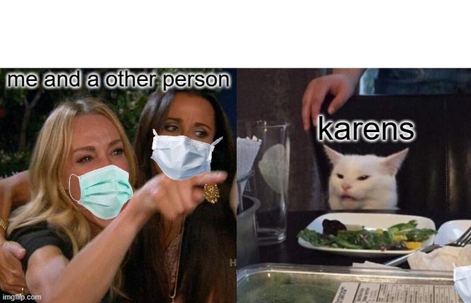 karens: | me and a other person; karens | image tagged in memes,woman yelling at cat | made w/ Imgflip meme maker