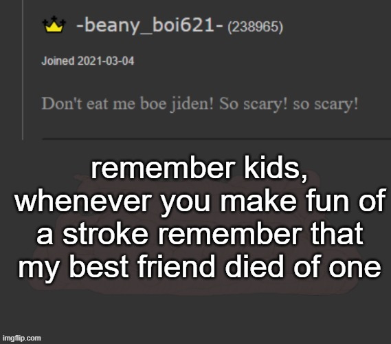 beany | remember kids, whenever you make fun of a stroke remember that my best friend died of one | image tagged in beany | made w/ Imgflip meme maker