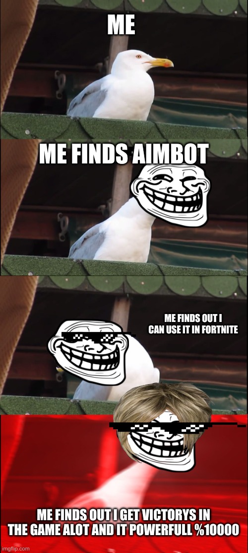 fornite aimbot cheaters!? | ME; ME FINDS AIMBOT; ME FINDS OUT I CAN USE IT IN FORTNITE; ME FINDS OUT I GET VICTORYS IN THE GAME ALOT AND IT POWERFULL %10000 | image tagged in memes,inhaling seagull | made w/ Imgflip meme maker