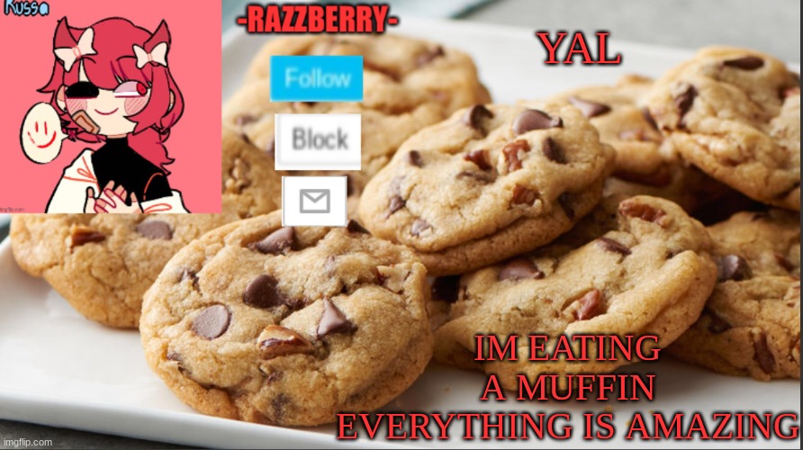 MUFFINSSSSSSS | YAL; IM EATING A MUFFIN EVERYTHING IS AMAZING | image tagged in razzyberry temp | made w/ Imgflip meme maker