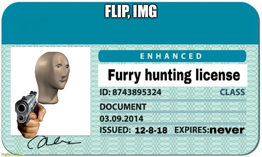 I give you joy | FLIP, IMG | image tagged in furry hunting license,guns | made w/ Imgflip meme maker