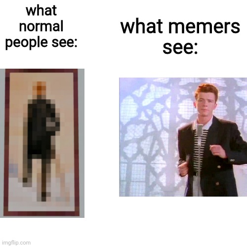 Blank Transparent Square Meme | what normal
people see:; what memers
see: | image tagged in memes,blank transparent square | made w/ Imgflip meme maker