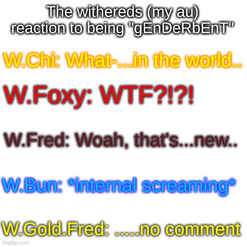 AH CRAP, HERE WE GO AGAIN! | The withereds (my au) reaction to being "gEnDeRbEnT"; W.Chi: What-...in the world.. W.Foxy: WTF?!?! W.Fred: Woah, that's...new.. W.Bun: *internal screaming*; W.Gold.Fred: .....no comment | image tagged in memes,blank transparent square | made w/ Imgflip meme maker