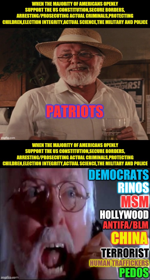 The Different Reactions Between Patriots And... | WHEN THE MAJORITY OF AMERICANS OPENLY SUPPORT THE US CONSTITUTION,SECURE BORDERS, ARRESTING/PROSECUTING ACTUAL CRIMINALS,PROTECTING CHILDREN,ELECTION INTEGRITY,ACTUAL SCIENCE,THE MILITARY AND POLICE; PATRIOTS; WHEN THE MAJORITY OF AMERICANS OPENLY SUPPORT THE US CONSTITUTION,SECURE BORDERS, ARRESTING/PROSECUTING ACTUAL CRIMINALS,PROTECTING CHILDREN,ELECTION INTEGRITY,ACTUAL SCIENCE,THE MILITARY AND POLICE; DEMOCRATS; RINOS; MSM; HOLLYWOOD; ANTIFA/BLM; CHINA; TERRORIST; HUMAN TRAFFICKERS; PEDOS | image tagged in msm,democrats,china,antifa,blm,hollywood | made w/ Imgflip meme maker