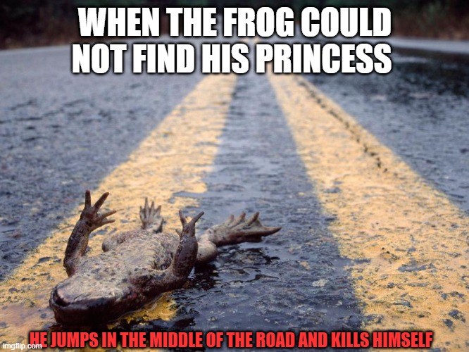 Princess and the frog in real life | WHEN THE FROG COULD NOT FIND HIS PRINCESS; HE JUMPS IN THE MIDDLE OF THE ROAD AND KILLS HIMSELF | image tagged in frog roadkill,dark humor | made w/ Imgflip meme maker