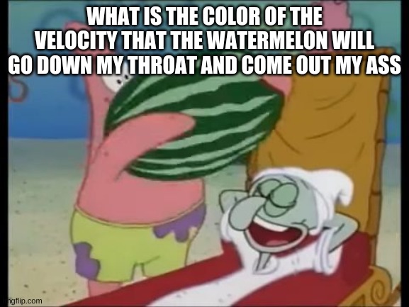 patrick spongebob watermelon | WHAT IS THE COLOR OF THE VELOCITY THAT THE WATERMELON WILL GO DOWN MY THROAT AND COME OUT MY ASS | image tagged in patrick spongebob watermelon | made w/ Imgflip meme maker