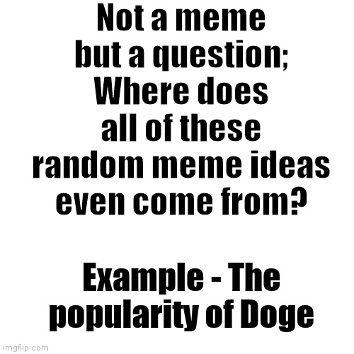 I am actually curious about this. |  Not a meme but a question; Where does all of these random meme ideas even come from? Example - The popularity of Doge | image tagged in memes,blank transparent square | made w/ Imgflip meme maker