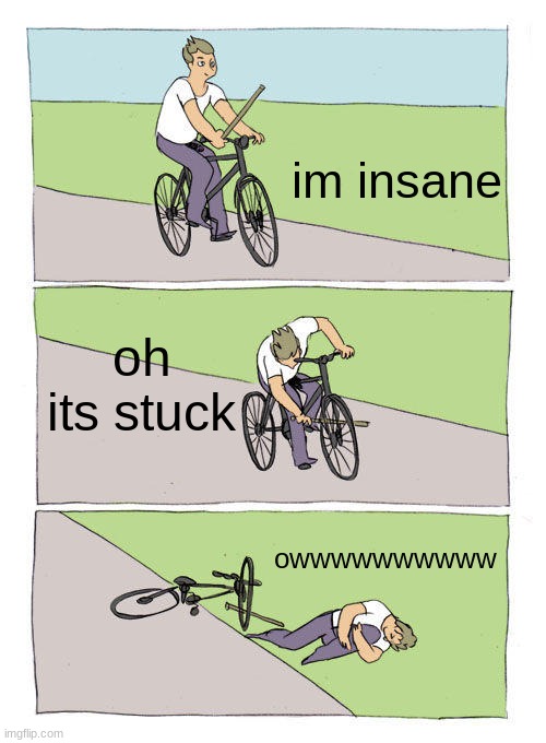 Bike Fall | im insane; oh its stuck; owwwwwwwwww | image tagged in memes,bike fall | made w/ Imgflip meme maker