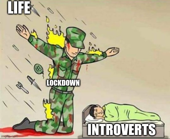 Soldier protecting sleeping child | LIFE; LOCKDOWN; INTROVERTS | image tagged in soldier protecting sleeping child | made w/ Imgflip meme maker