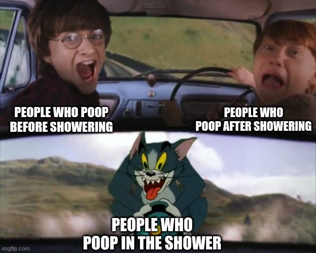 Tom chasing Harry and Ron Weasly | PEOPLE WHO POOP AFTER SHOWERING; PEOPLE WHO POOP BEFORE SHOWERING; PEOPLE WHO POOP IN THE SHOWER | image tagged in tom chasing harry and ron weasly | made w/ Imgflip meme maker