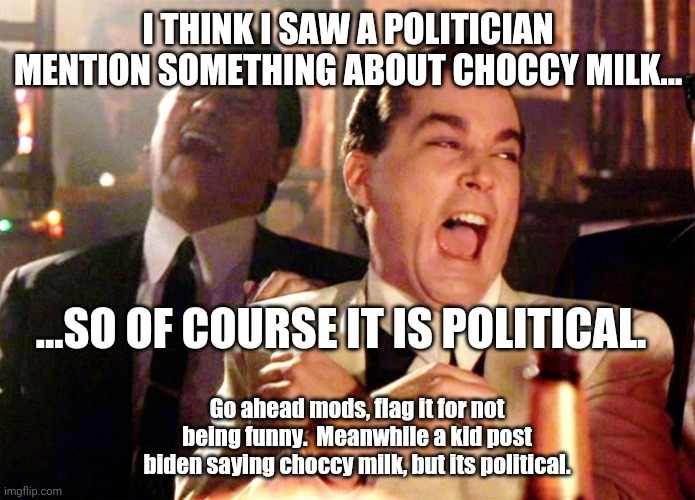Two way street, oops no its not. | I THINK I SAW A POLITICIAN MENTION SOMETHING ABOUT CHOCCY MILK... ...SO OF COURSE IT IS POLITICAL. Go ahead mods, flag it for not being funny.  Meanwhile a kid post biden saying choccy milk, but its political. | image tagged in memes,good fellas hilarious | made w/ Imgflip meme maker