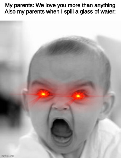 Angry Baby Meme | My parents: We love you more than anything
Also my parents when I spill a glass of water: | image tagged in memes,angry baby | made w/ Imgflip meme maker