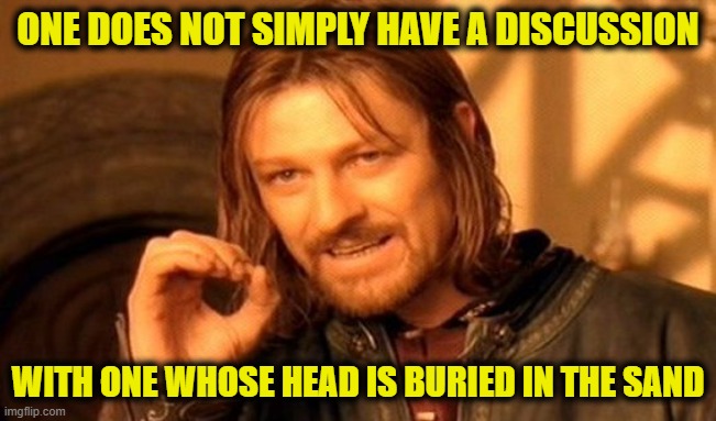 One Does Not Simply Meme | ONE DOES NOT SIMPLY HAVE A DISCUSSION WITH ONE WHOSE HEAD IS BURIED IN THE SAND | image tagged in memes,one does not simply | made w/ Imgflip meme maker