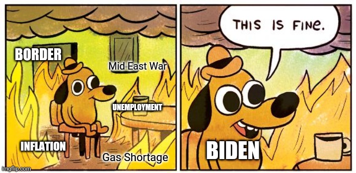 Biden | BORDER; UNEMPLOYMENT; Mid East War; INFLATION; Gas Shortage; BIDEN | image tagged in memes,this is fine | made w/ Imgflip meme maker