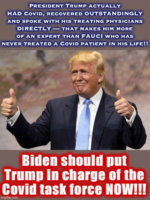 Of course Biden will never do this, because libs gonna be hypocrites. #MAGA #LeftHypocrisy #FireFauci #GetRekt | President Trump actually HAD Covid, recovered OUTSTANDINGLY and spoke with his treating physicians DIRECTLY — that makes him more of an expert than FAUCI who has never treated a Covid patient in his life!! Biden should put Trump in charge of the Covid task force NOW!!! | image tagged in donald trump winning,covid-19,coronavirus,dr fauci,fauci,liberal hypocrisy | made w/ Imgflip meme maker