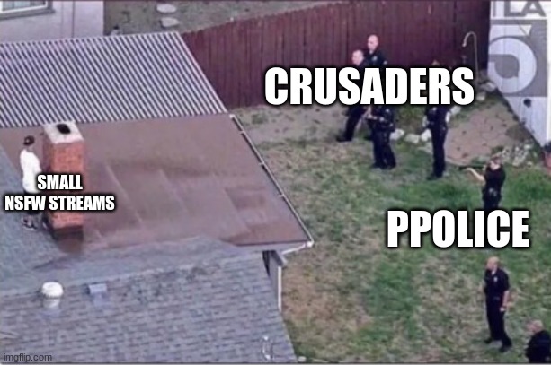 Guy hiding from cops on roof | CRUSADERS; SMALL NSFW STREAMS; PPOLICE | image tagged in guy hiding from cops on roof | made w/ Imgflip meme maker