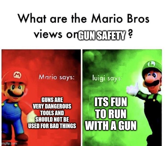 weegee time | GUN SAFETY; GUNS ARE VERY DANGEROUS TOOLS AND SHOULD NOT BE USED FOR BAD THINGS; ITS FUN TO RUN WITH A GUN | image tagged in mario bros views | made w/ Imgflip meme maker