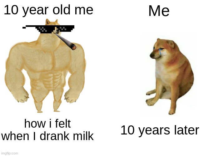 Buff Doge vs. Cheems Meme | 10 year old me; Me; how i felt when I drank milk; 10 years later | image tagged in memes,buff doge vs cheems,milk,kids,cool,sus | made w/ Imgflip meme maker