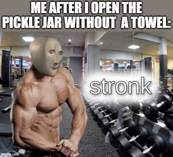 Meme man stronk | ME AFTER I OPEN THE PICKLE JAR WITHOUT  A TOWEL: | image tagged in meme man stronk | made w/ Imgflip meme maker