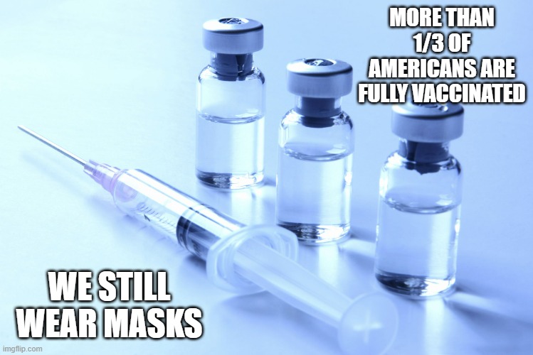 1/3+ is more than enough to get rid of masks | MORE THAN 1/3 OF AMERICANS ARE FULLY VACCINATED; WE STILL WEAR MASKS | image tagged in vaccine,masks | made w/ Imgflip meme maker