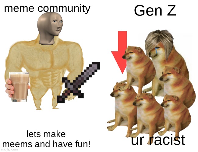 Buff Doge vs. Cheems | meme community; Gen Z; lets make meems and have fun! ur racist | image tagged in memes,buff doge vs cheems | made w/ Imgflip meme maker