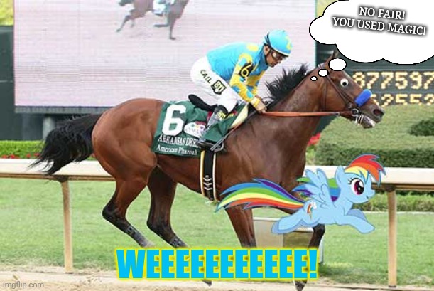 Pony Racing! | NO FAIR! YOU USED MAGIC! WEEEEEEEEEEE! | image tagged in mylittlepony,racing,rainbow dash,gotta go fast | made w/ Imgflip meme maker