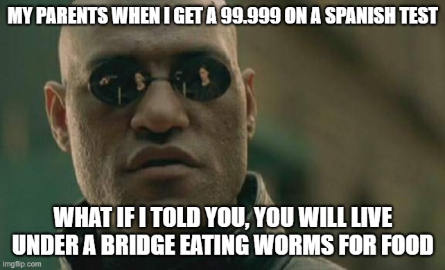 Matrix Morpheus Meme | MY PARENTS WHEN I GET A 99.999 ON A SPANISH TEST; WHAT IF I TOLD YOU, YOU WILL LIVE UNDER A BRIDGE EATING WORMS FOR FOOD | image tagged in memes,matrix morpheus | made w/ Imgflip meme maker