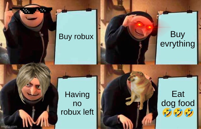 Gru's Plan | Buy robux; Buy evrything; Having no robux left; Eat dog food 🤣🤣🤣 | image tagged in memes,gru's plan | made w/ Imgflip meme maker