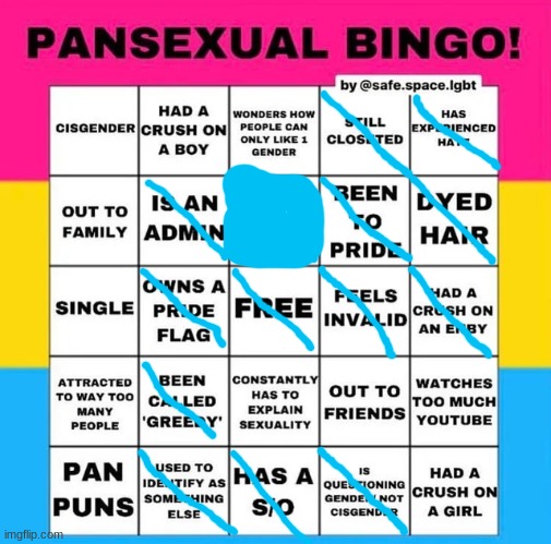 me :D | image tagged in pansexual bingo | made w/ Imgflip meme maker