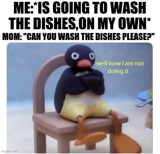 stop. | ME:*IS GOING TO WASH THE DISHES,ON MY OWN*; MOM: "CAN YOU WASH THE DISHES PLEASE?" | image tagged in well now i am not doing it,moms,bruh | made w/ Imgflip meme maker