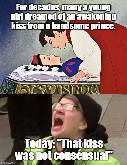 Does it depend on how you look at it? | For decades, many a young girl dreamed of an awakening kiss from a handsome prince. Today: "That kiss was not consensual" | image tagged in screaming liberal,disney,snow white | made w/ Imgflip meme maker