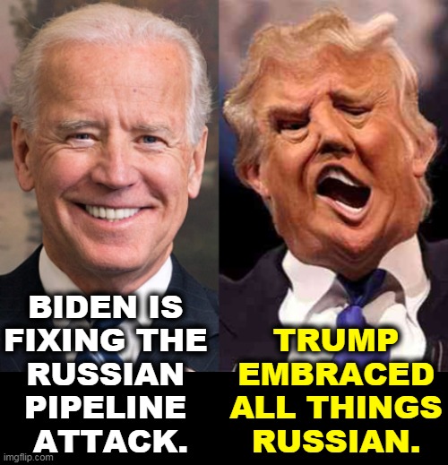 Trump welcomed Russians in his campaigns. Trump did nothing when Russians hacked our government and private computer systems. | BIDEN IS 
FIXING THE 
RUSSIAN 
PIPELINE 
ATTACK. TRUMP EMBRACED ALL THINGS RUSSIAN. | image tagged in biden smile trump crazy acid,biden,fix,trump,destroy,russia | made w/ Imgflip meme maker