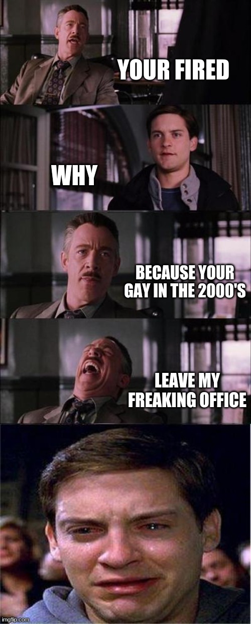 You like your on gender in the 2000's | YOUR FIRED; WHY; BECAUSE YOUR GAY IN THE 2000'S; LEAVE MY FREAKING OFFICE | image tagged in memes,peter parker cry | made w/ Imgflip meme maker