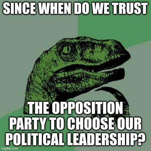 Philosoraptor Meme | SINCE WHEN DO WE TRUST THE OPPOSITION PARTY TO CHOOSE OUR POLITICAL LEADERSHIP? | image tagged in memes,philosoraptor | made w/ Imgflip meme maker