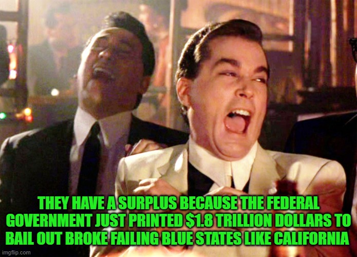 Good Fellas Hilarious Meme | THEY HAVE A SURPLUS BECAUSE THE FEDERAL GOVERNMENT JUST PRINTED $1.8 TRILLION DOLLARS TO BAIL OUT BROKE FAILING BLUE STATES LIKE CALIFORNIA | image tagged in memes,good fellas hilarious | made w/ Imgflip meme maker